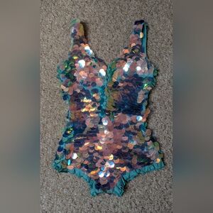 Rosa Bloom Blue Opalescent Sequin Bodysuit with Tiny Ruffles